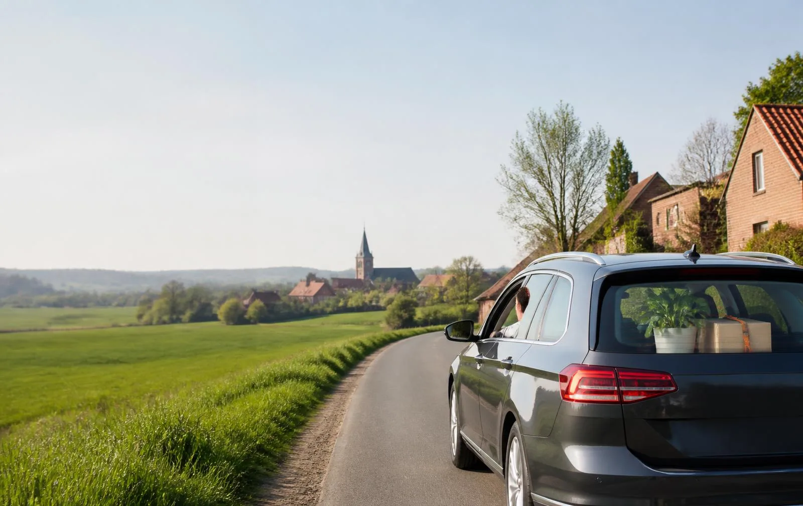 Voiture particulière transportant une plante et un carton sur une route belge